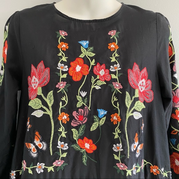 Zara Floral Embroidery LS Babydoll Dress Black XS - Picture 3 of 5